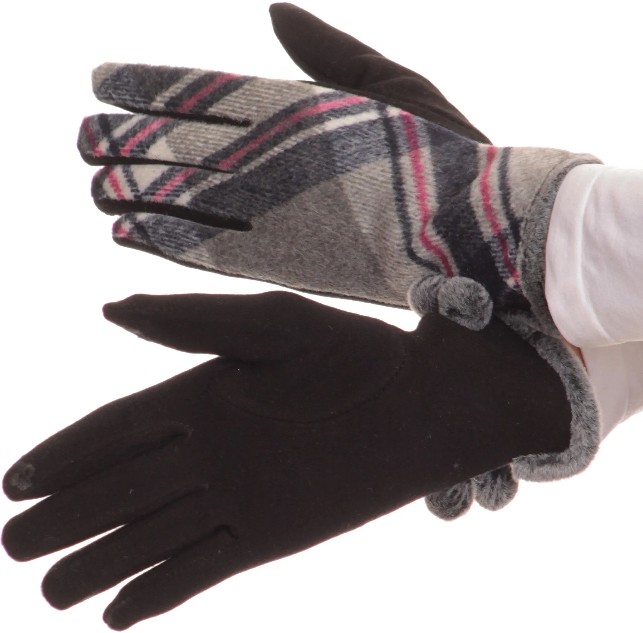 Sakkas Valy Classic Winter Checker Patterned Faux Fur Pom Pom Touch Screen Gloves