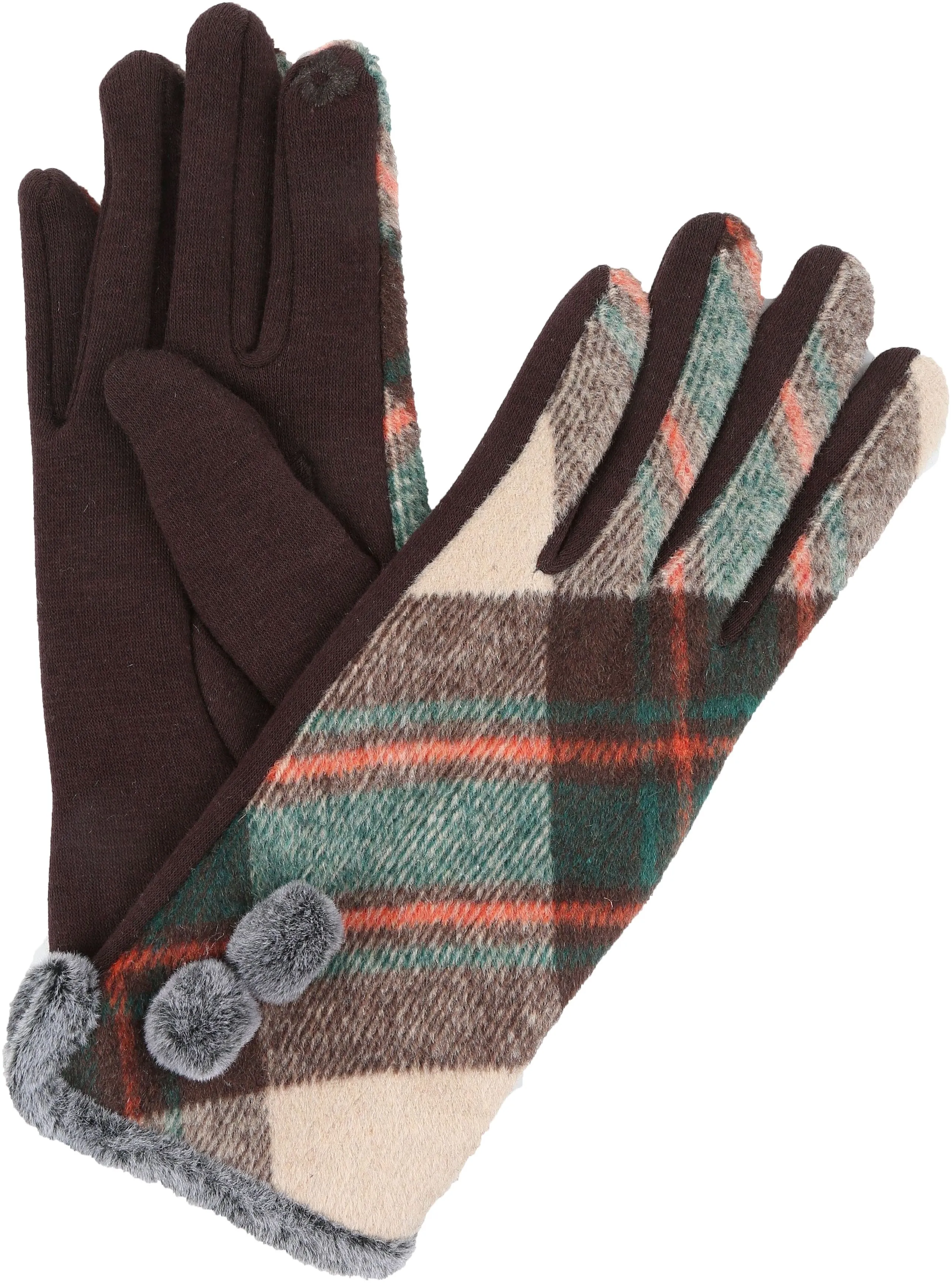 Sakkas Valy Classic Winter Checker Patterned Faux Fur Pom Pom Touch Screen Gloves