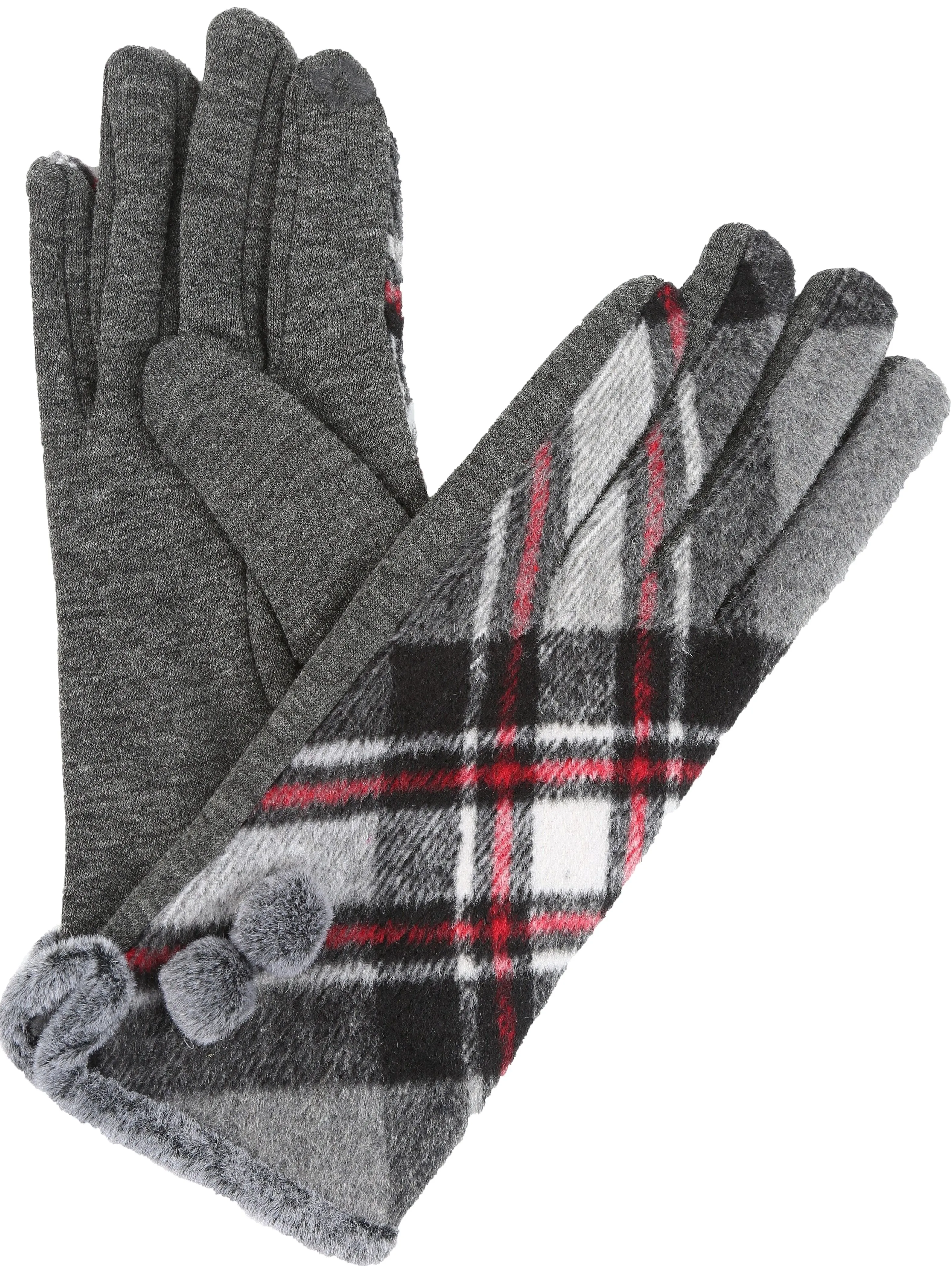 Sakkas Valy Classic Winter Checker Patterned Faux Fur Pom Pom Touch Screen Gloves