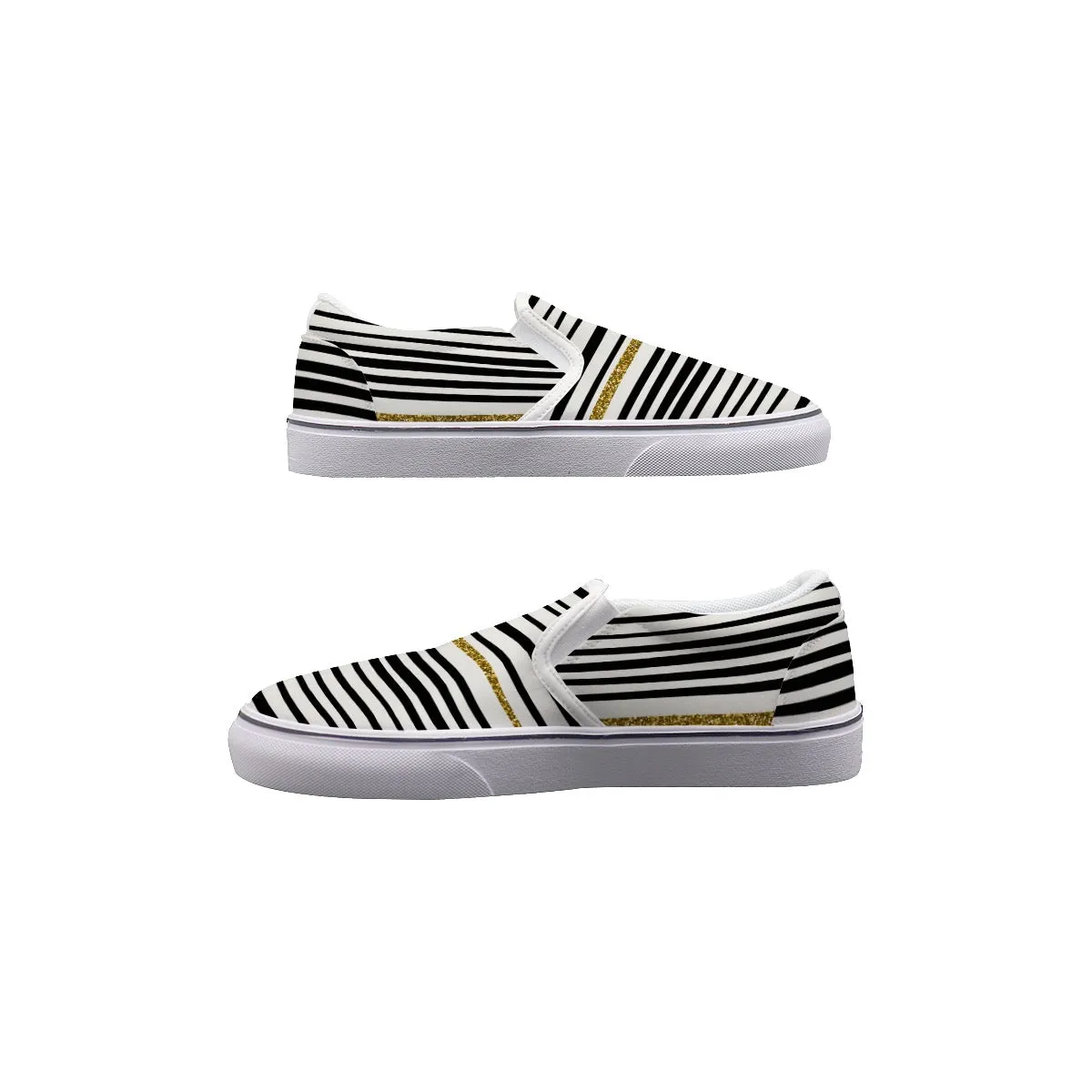 So#13 Men's Slip On Sneakers black and gold striped print