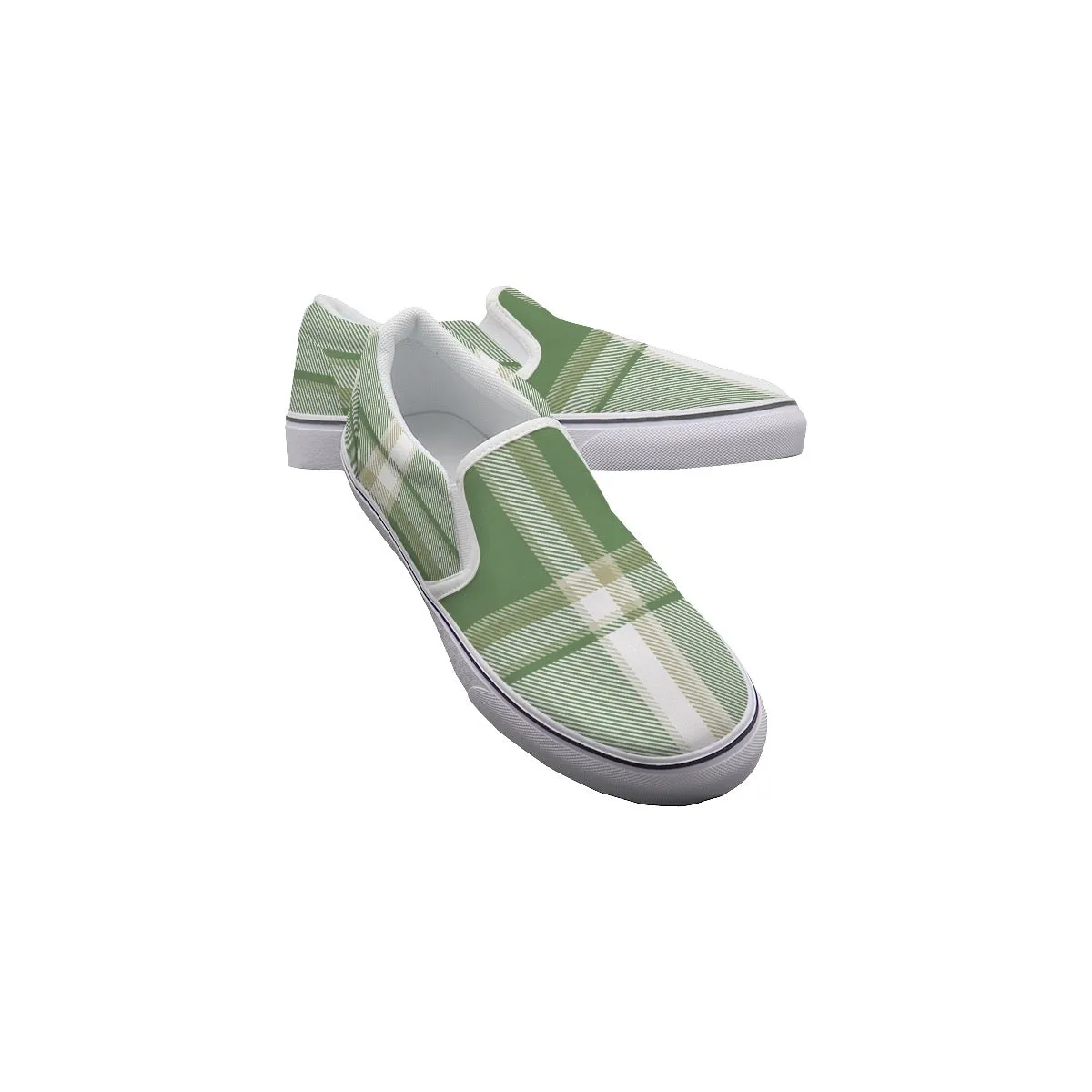 So#14 Men's Slip On Sneakers, olive green plaid, print