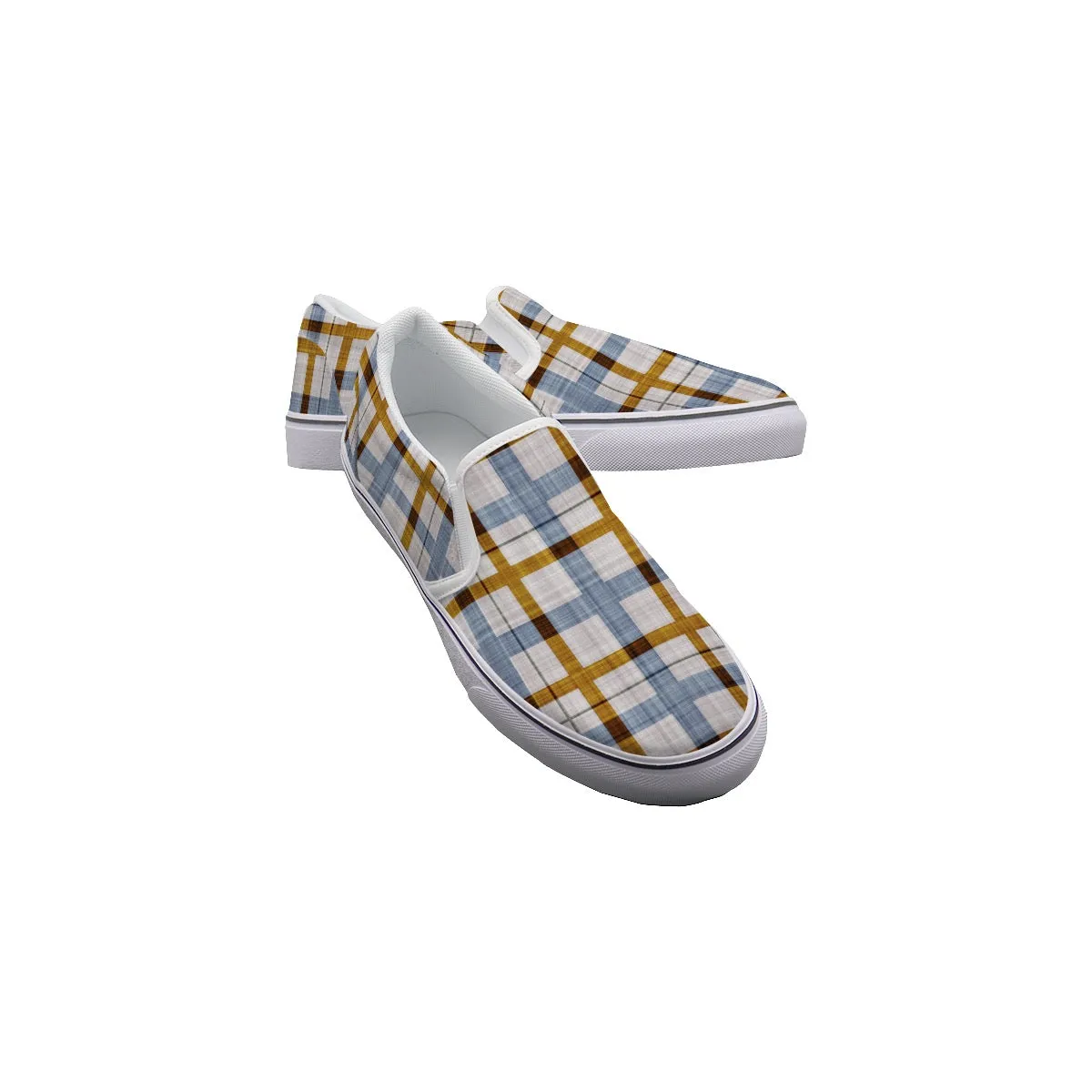 So#8 Men's Slip On Sneakers, blue and gold plaid print