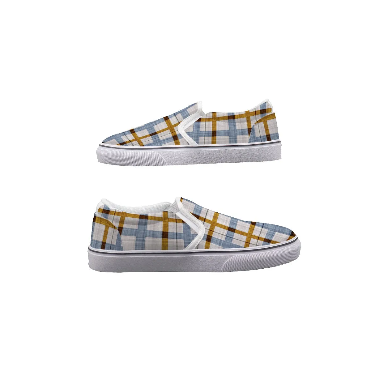 So#8 Men's Slip On Sneakers, blue and gold plaid print