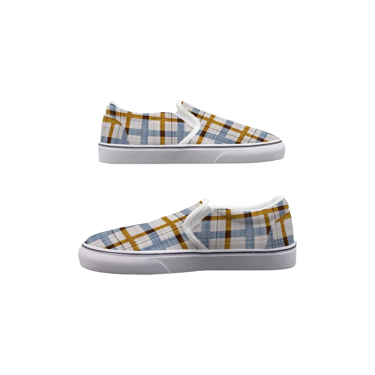 So#8 Men's Slip On Sneakers, blue and gold plaid print