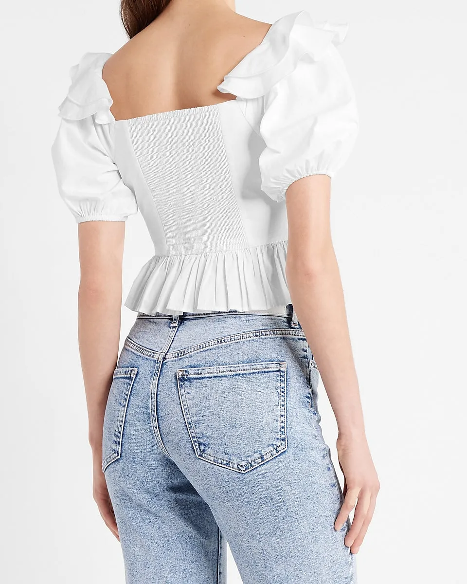 Square Neck Puff Shoulder Cropped Top in White