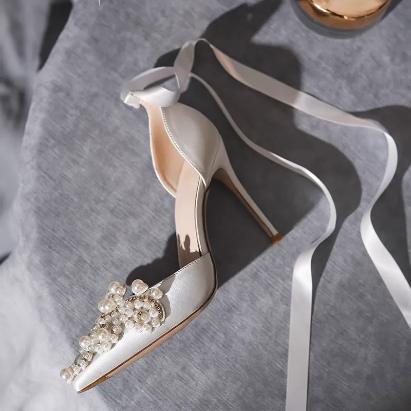 The Florasbelle White Lace Up Glitter Heels