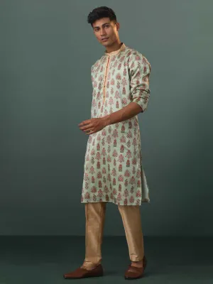 VASTRAMAY Aqua Silk Floral Kurta Pant Set