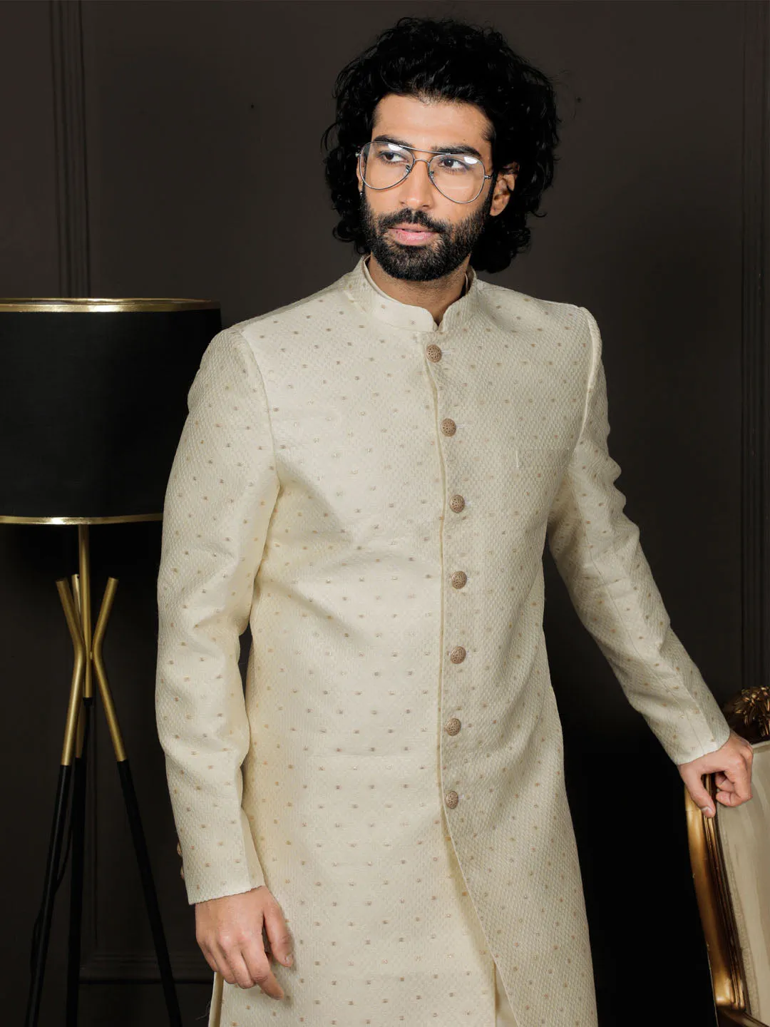 VASTRAMAY Cream Silk Blend Men's Sherwani