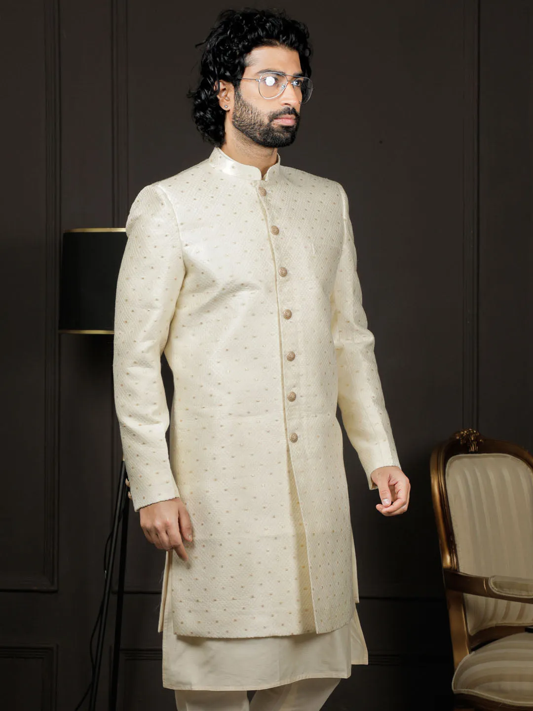 VASTRAMAY Cream Silk Blend Men's Sherwani