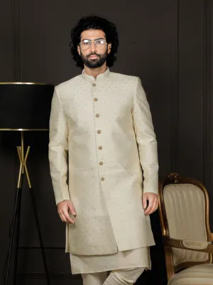 VASTRAMAY Cream Silk Blend Men's Sherwani