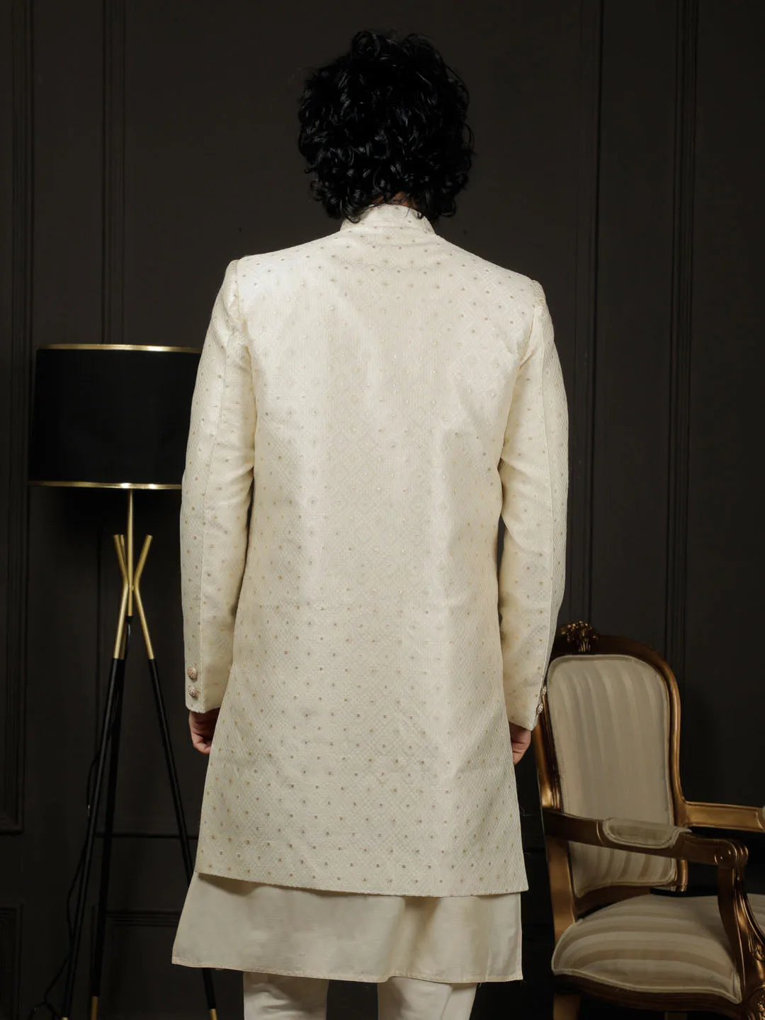 VASTRAMAY Cream Silk Blend Men's Sherwani