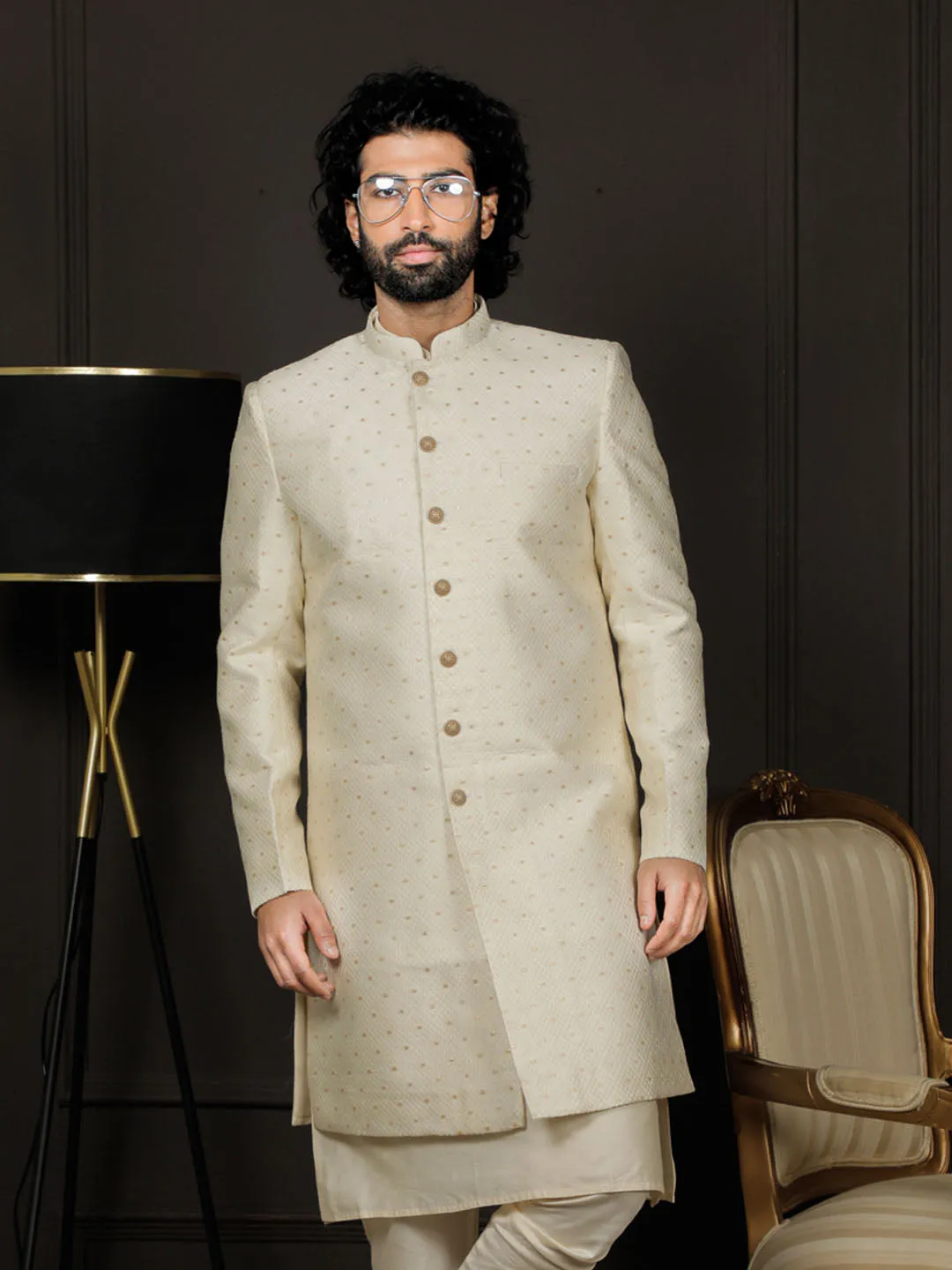 VASTRAMAY Cream Silk Blend Men's Sherwani