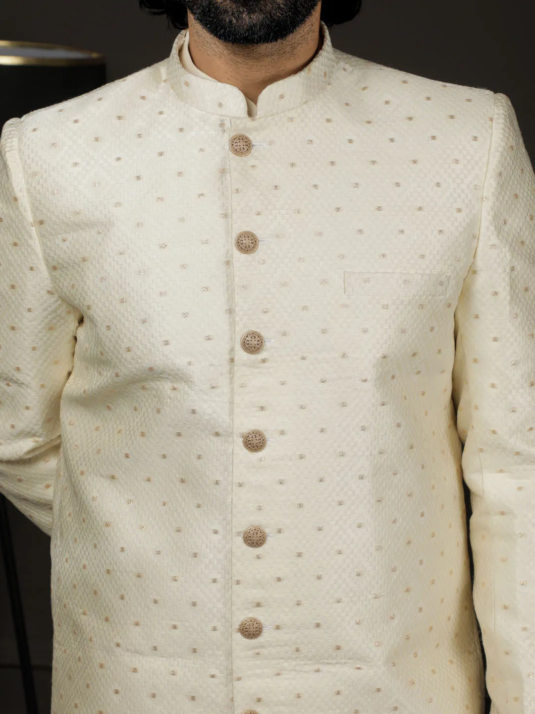 VASTRAMAY Cream Silk Blend Men's Sherwani