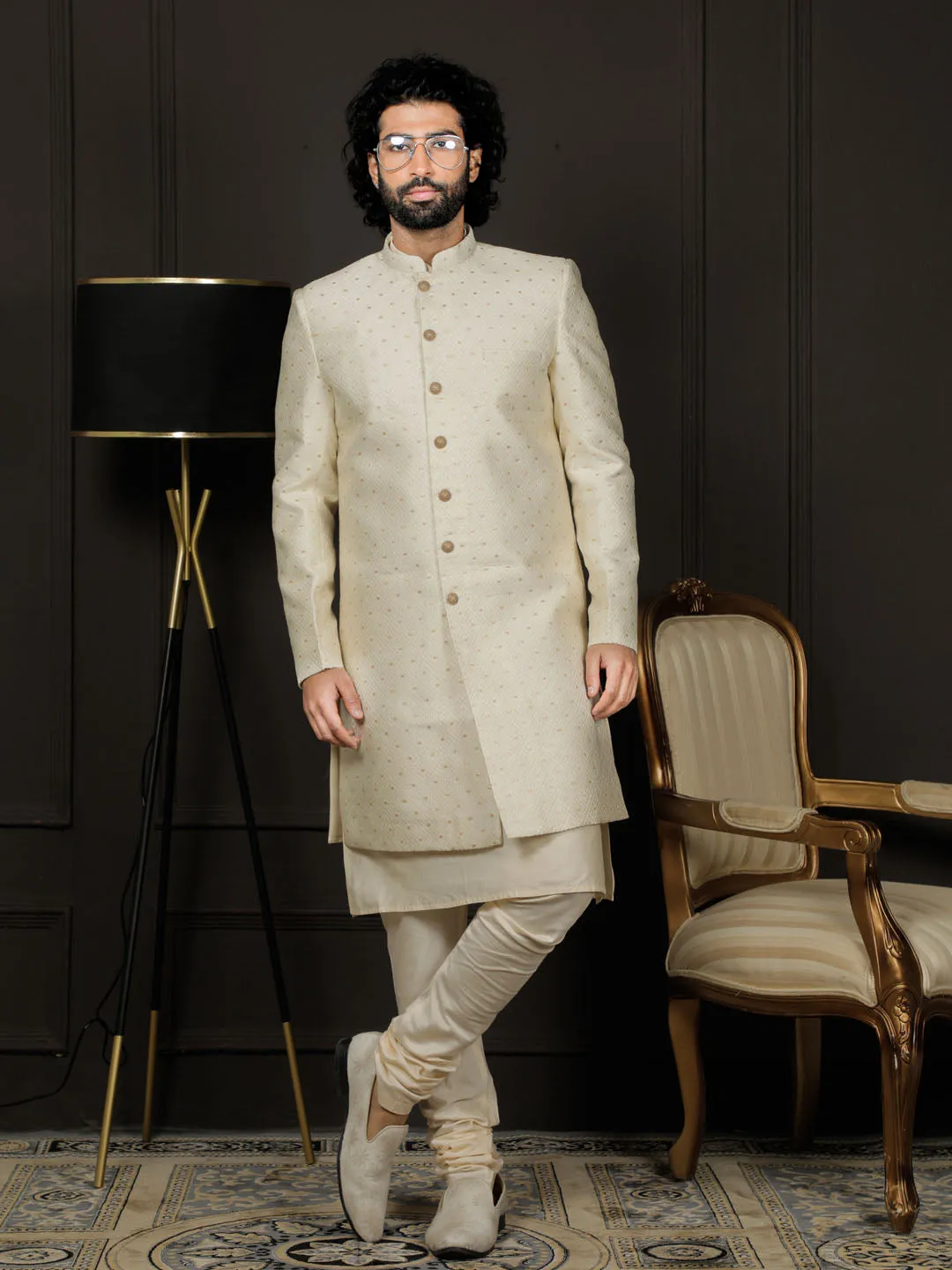 VASTRAMAY Cream Silk Blend Men's Sherwani