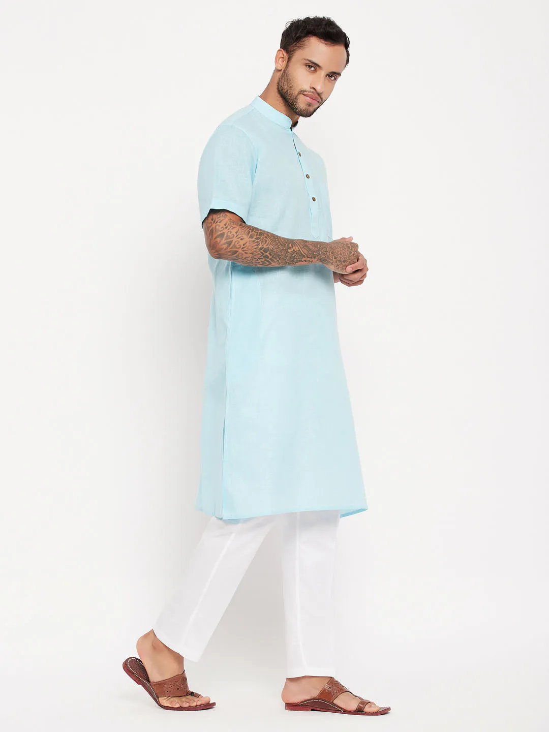 VASTRAMAY Men's Aqua Blue Kurta Set