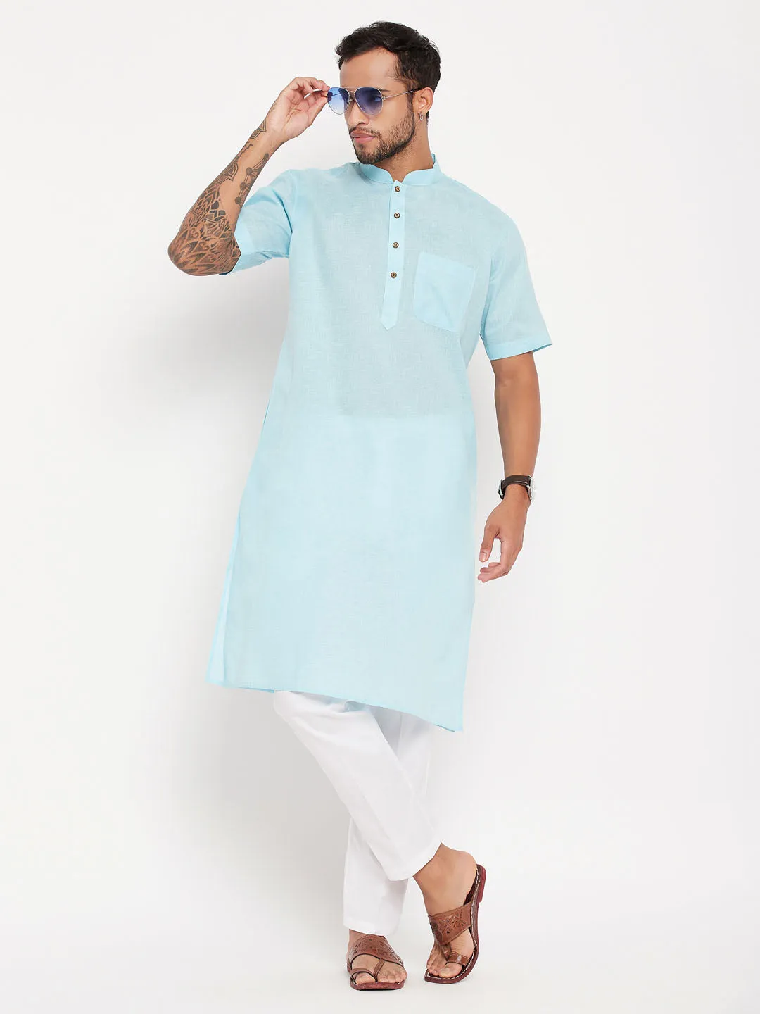 VASTRAMAY Men's Aqua Blue Kurta Set