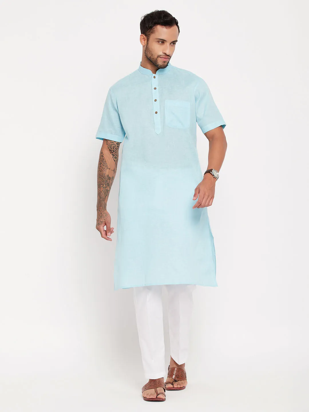 VASTRAMAY Men's Aqua Blue Kurta Set