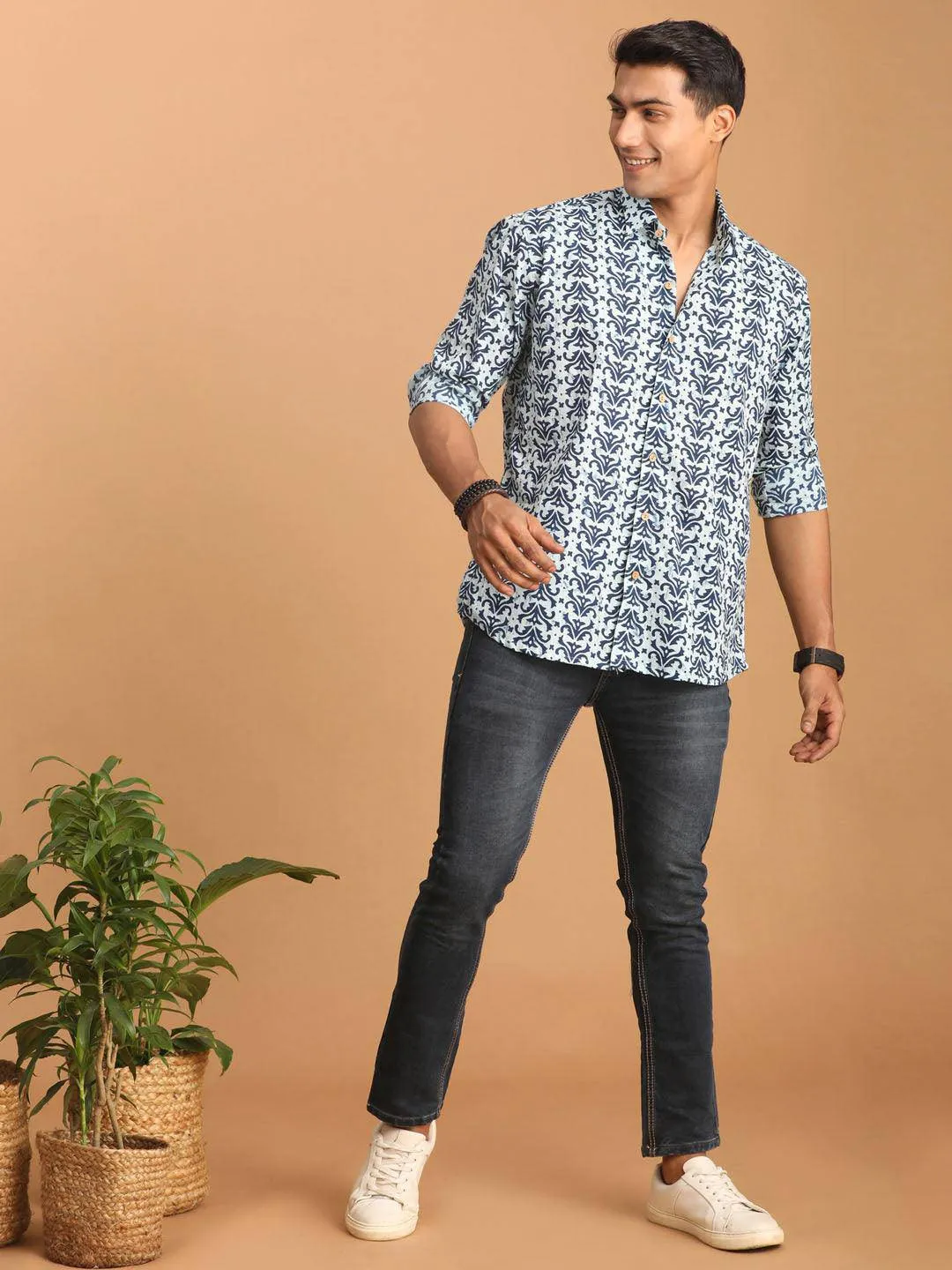 VASTRAMAY Men's Aqua Blue Printed Shirt