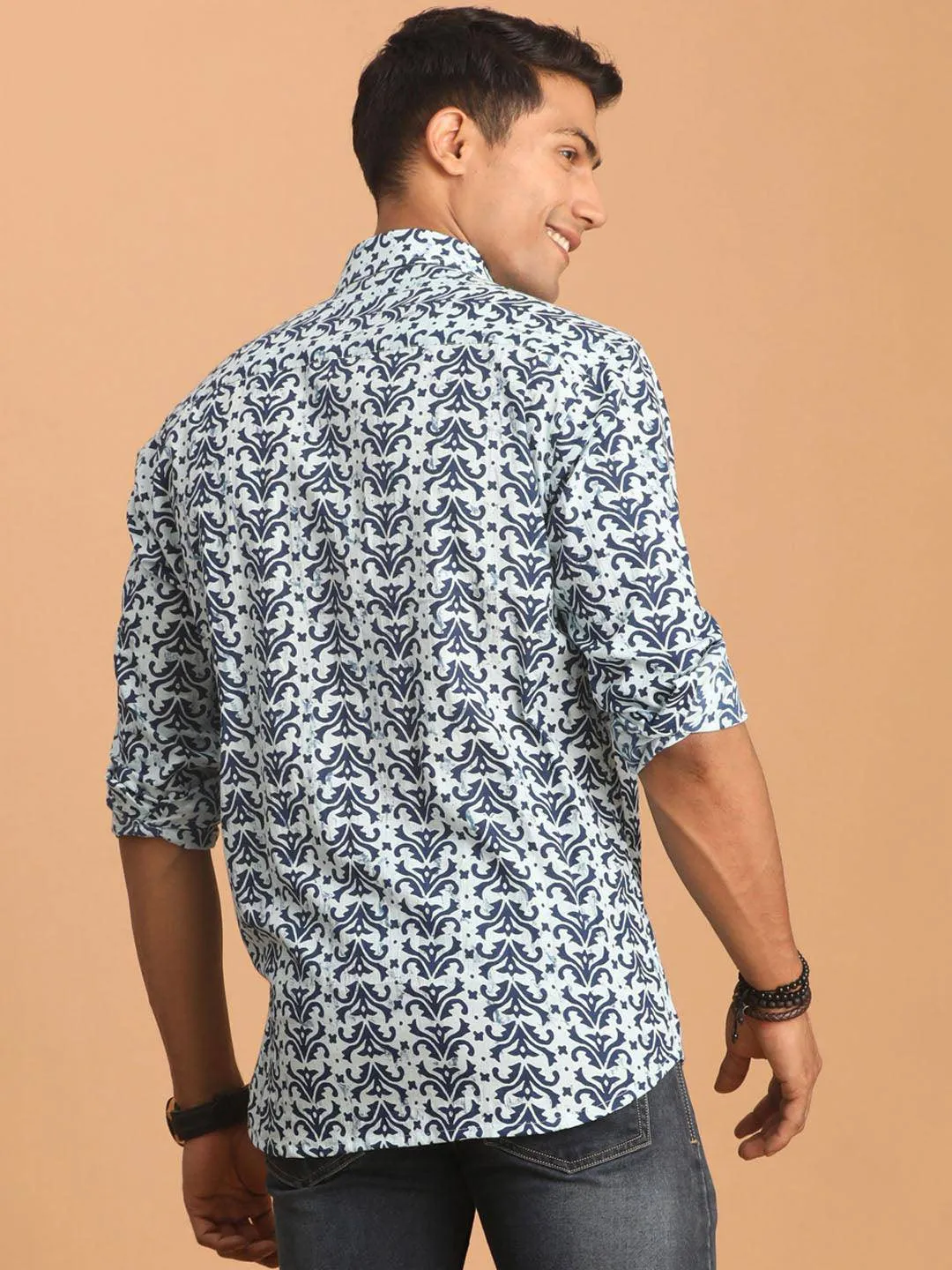 VASTRAMAY Men's Aqua Blue Printed Shirt