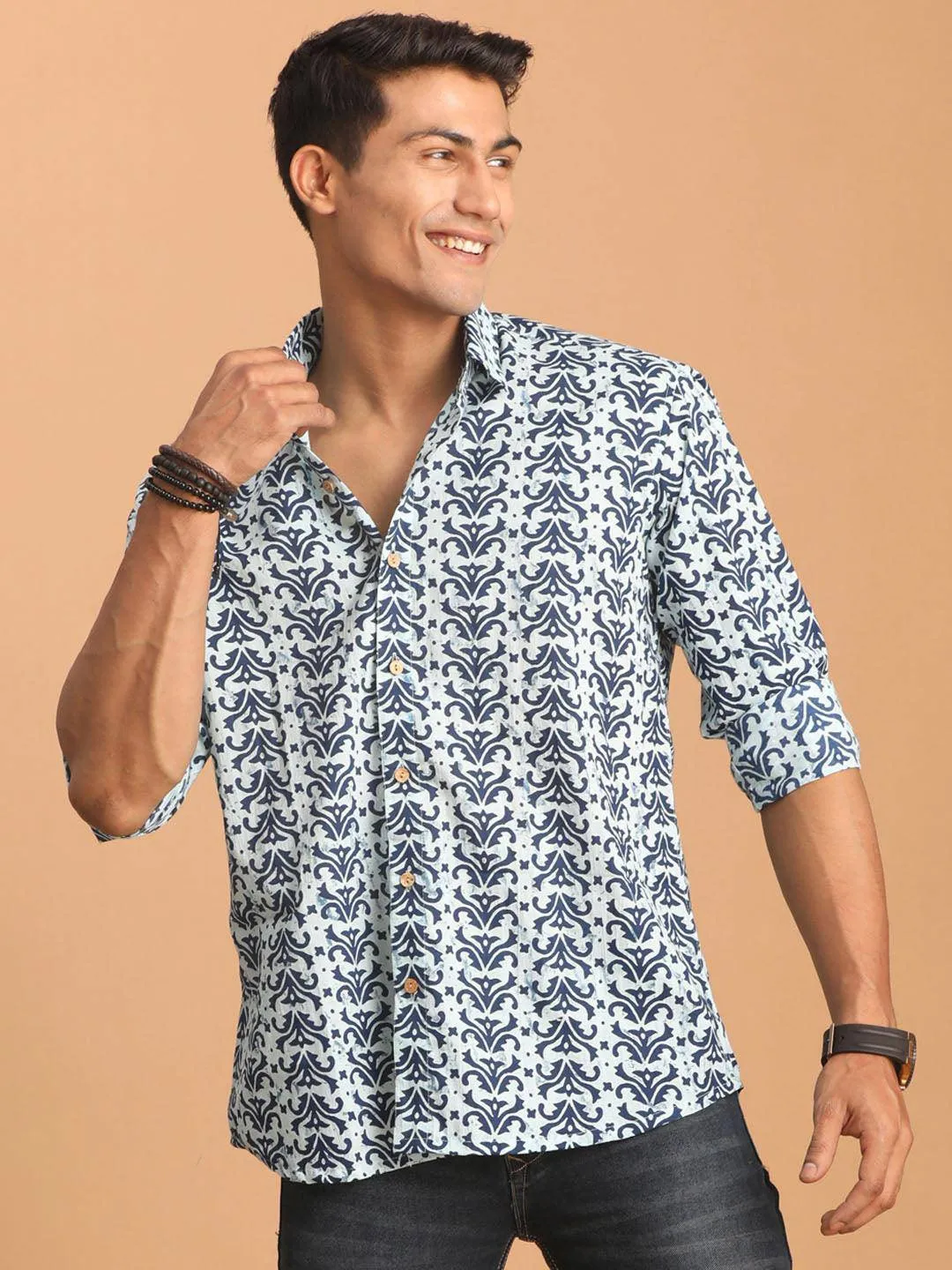 VASTRAMAY Men's Aqua Blue Printed Shirt