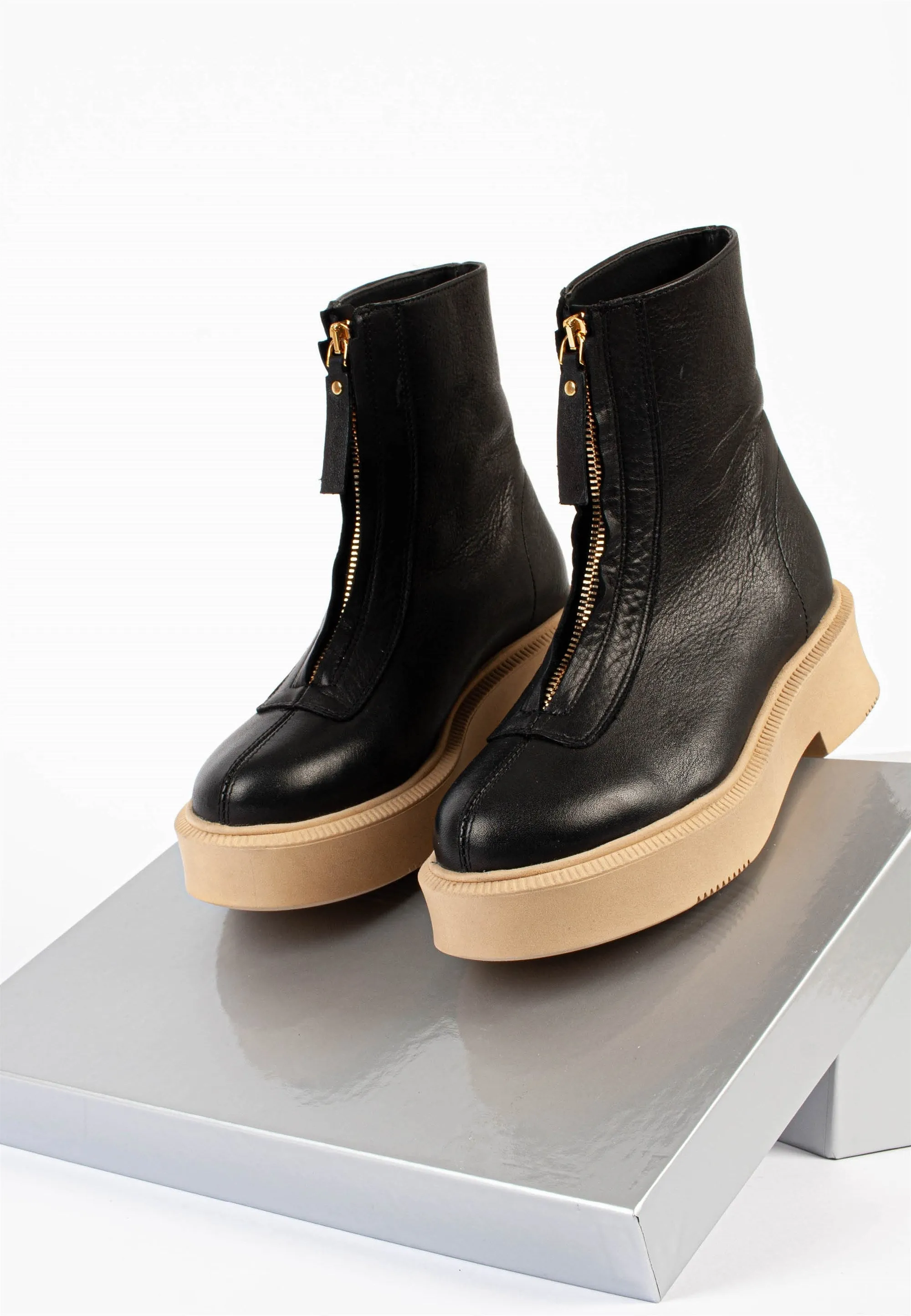 Vela Front Zip Black Ankle Boots