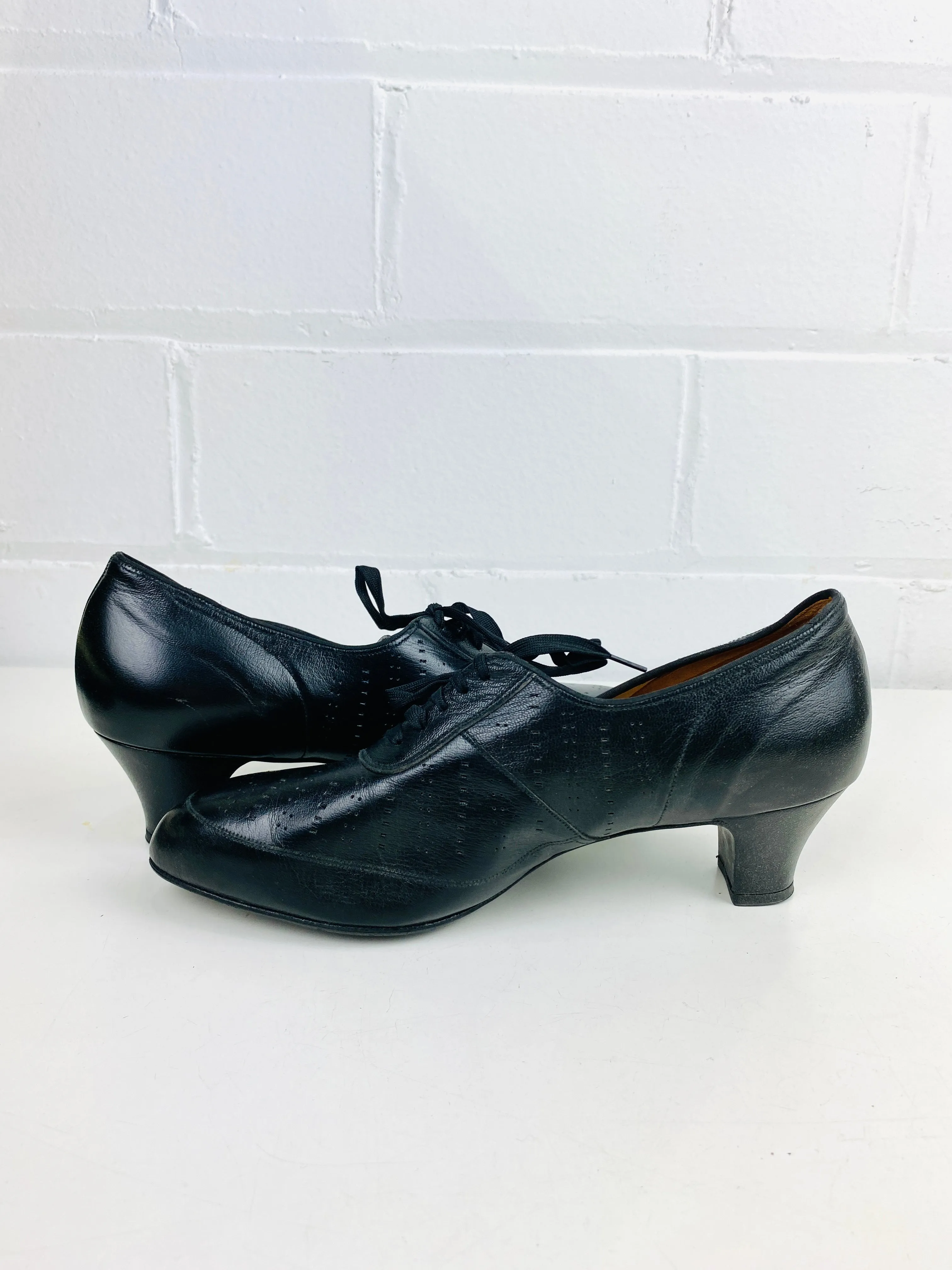 Vintage Deadstock Shoes, Women's Black Leather Mid-Heel Oxford's, NOS, 1629