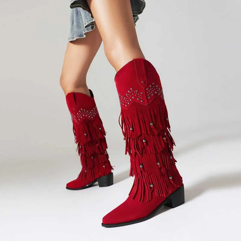 Vintage Tassel Boots Cowgirl Block Heel Pointy Toe Pull On Knee High Boots