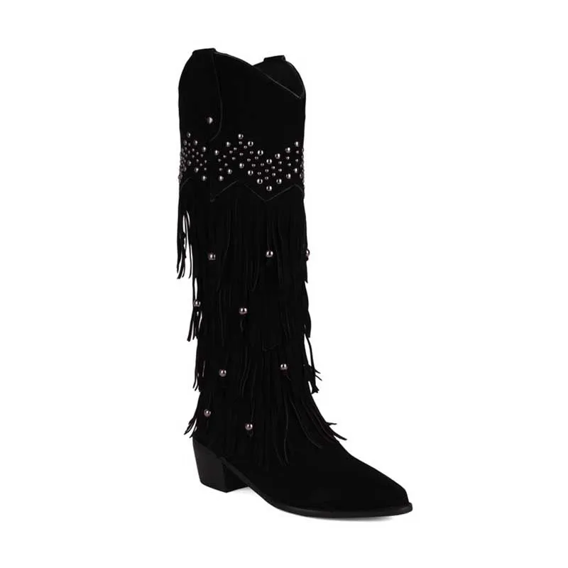 Vintage Tassel Boots Cowgirl Block Heel Pointy Toe Pull On Knee High Boots