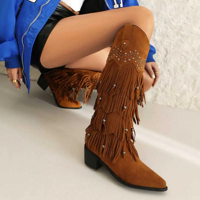 Vintage Tassel Boots Cowgirl Block Heel Pointy Toe Pull On Knee High Boots