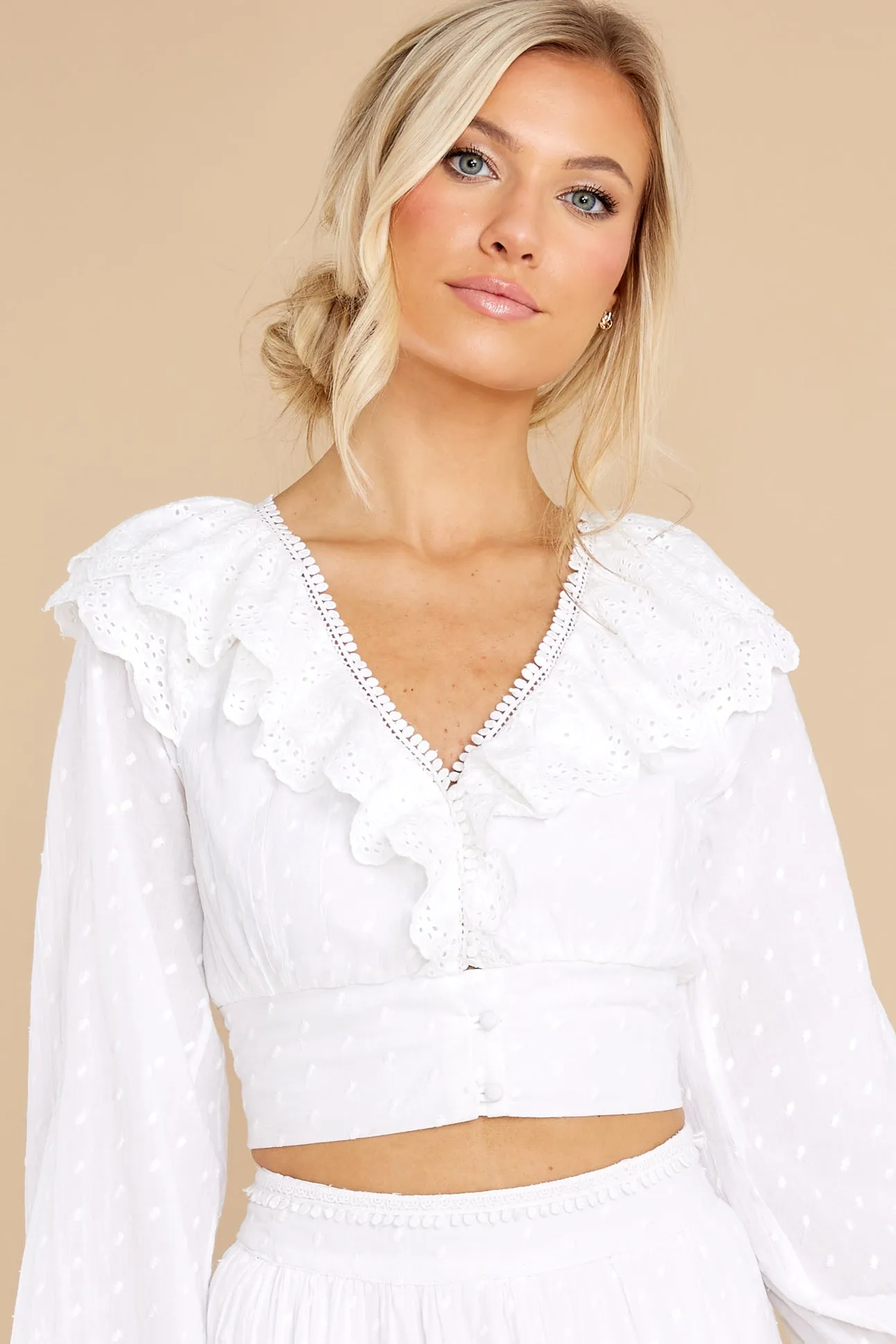 White Eyelet Ruffle Crop Blouse