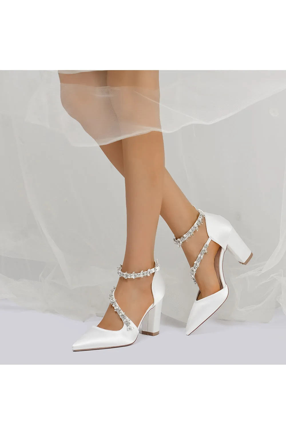 White Satin Pump with Silver Chain Accent