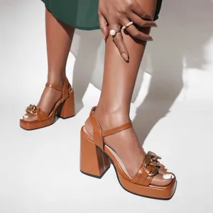 Women Square Toe Platform Chunky Heel Sandals with Metal Chain Summer Heels