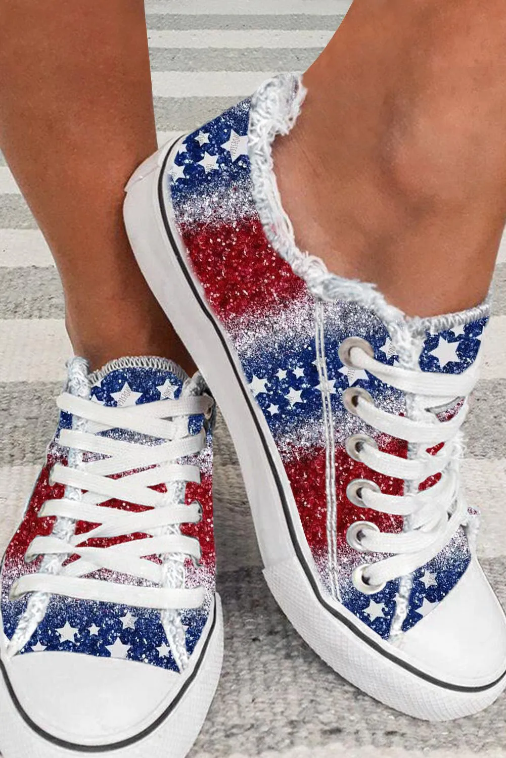 Women's Patriotic Camvas Shoes Distressed Hem Lace Up Sneakers