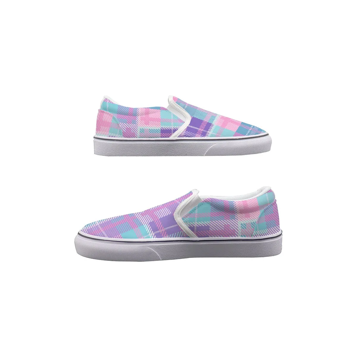 Women's Slip On Sneakers 222 pink, purple and blue plaid print