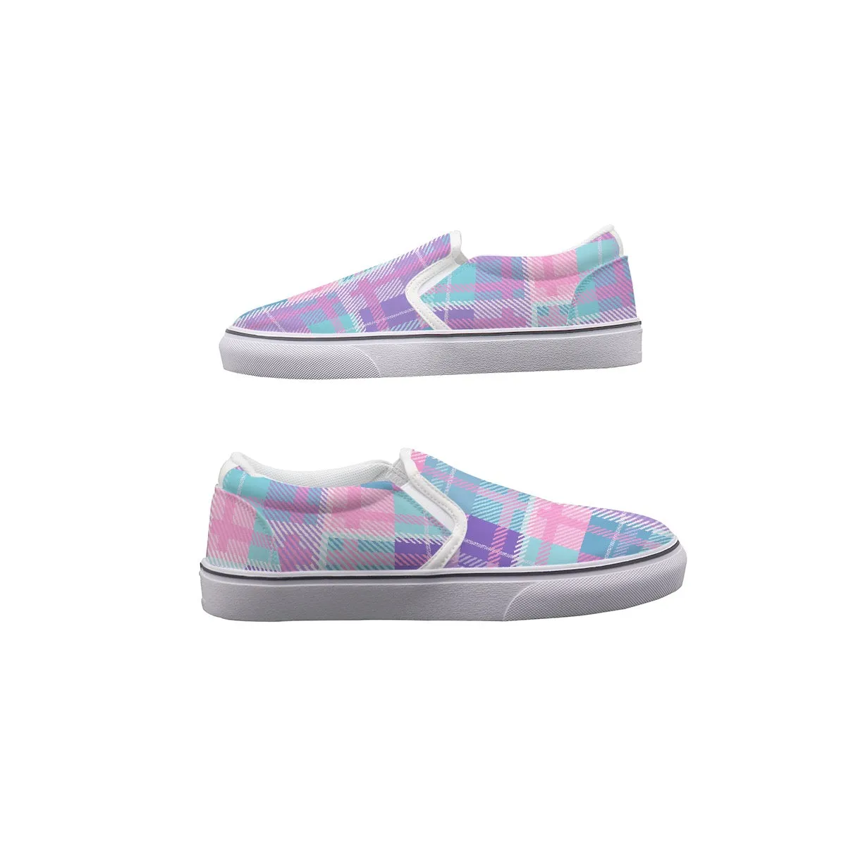 Women's Slip On Sneakers 222 pink, purple and blue plaid print