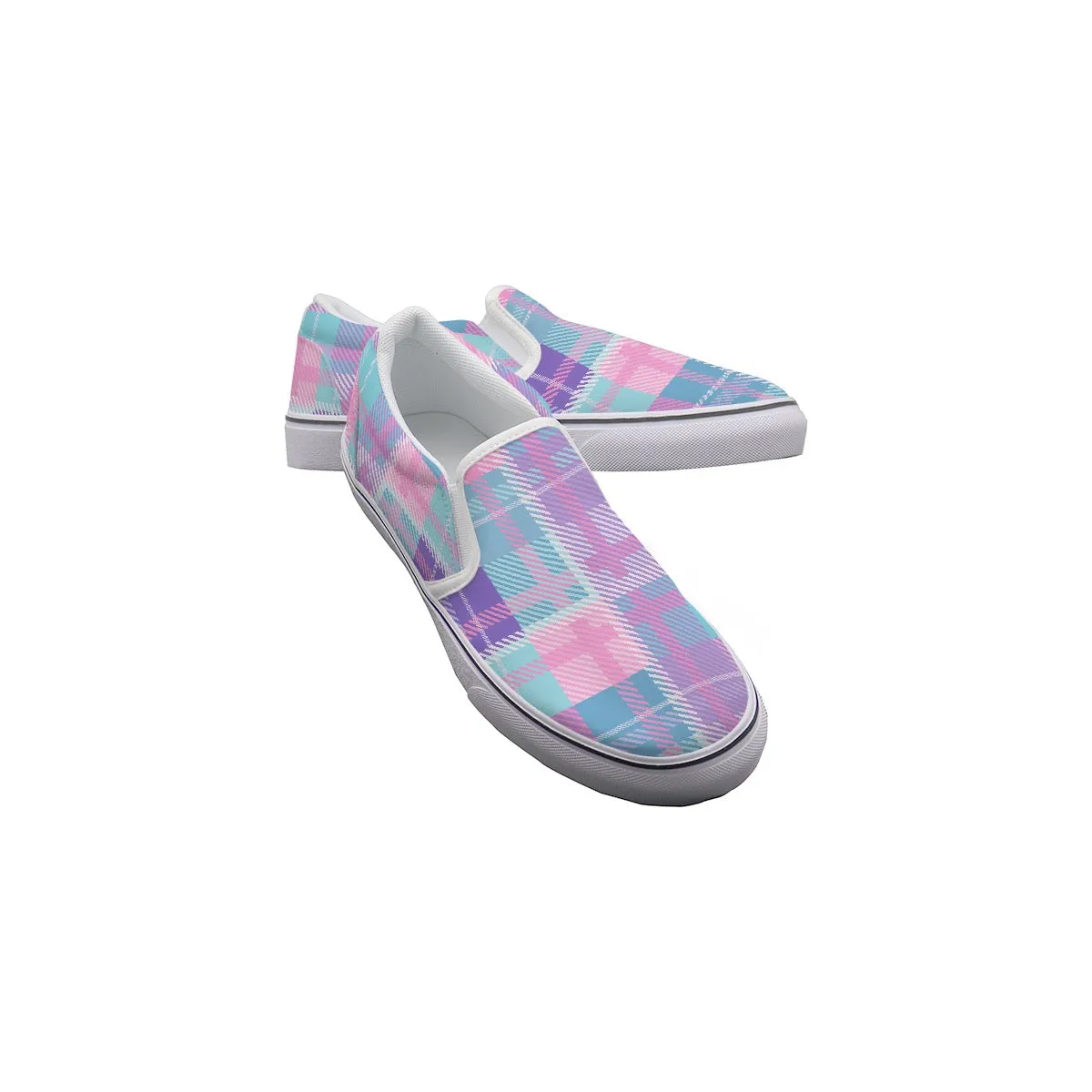 Women's Slip On Sneakers 222 pink, purple and blue plaid print