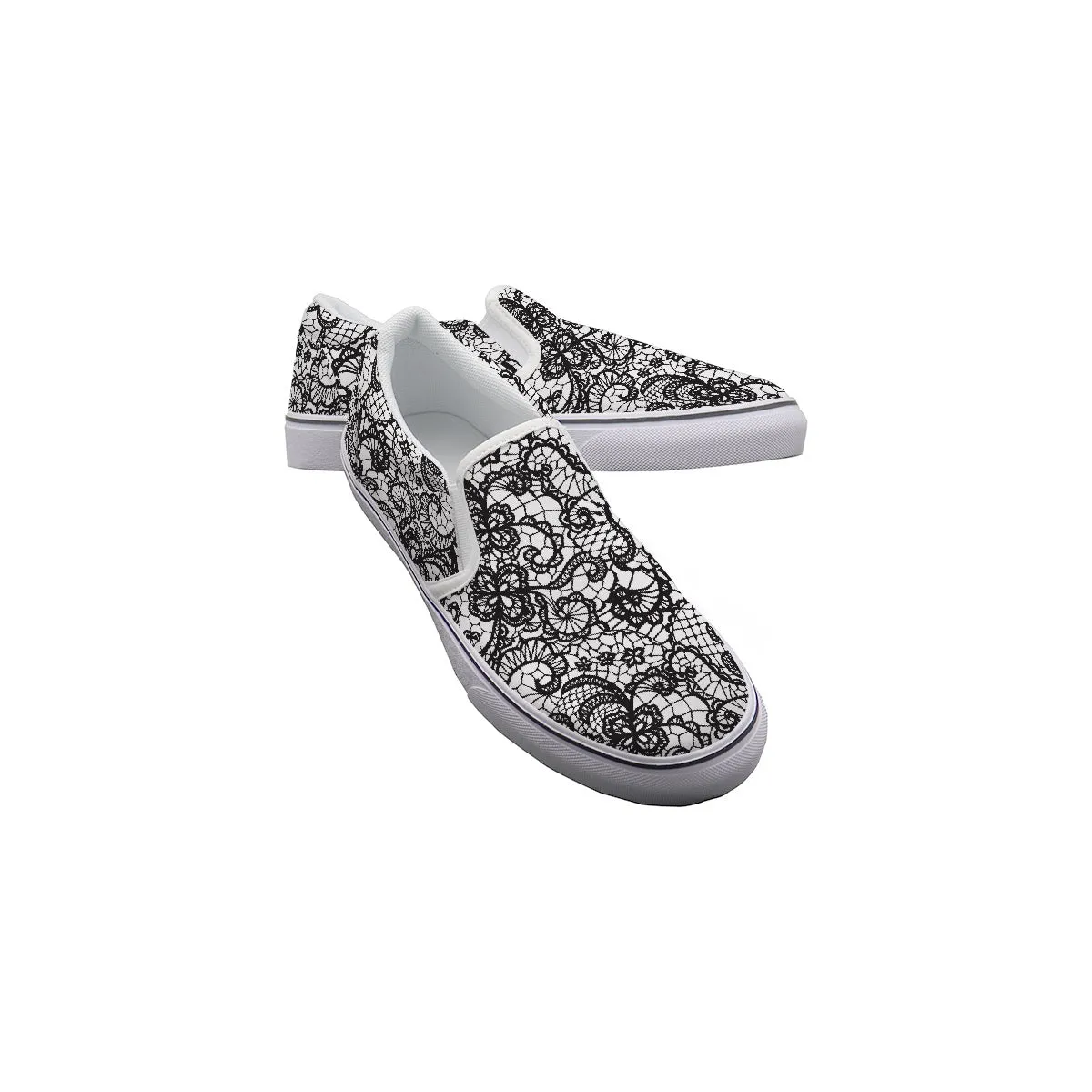 Women's Slip On Sneakers 224 white with black lace print