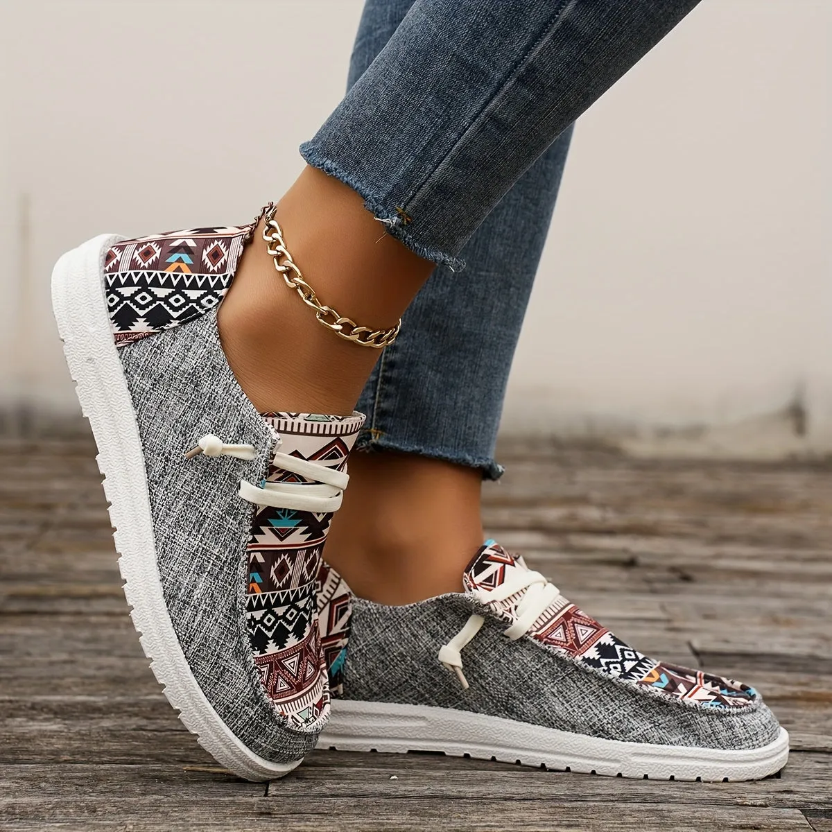 Women's Tribal Pattern Canvas Shoes, Casual Round Toe Low Top Flat Sneakers, Lightweight Outdoor Walking Shoes